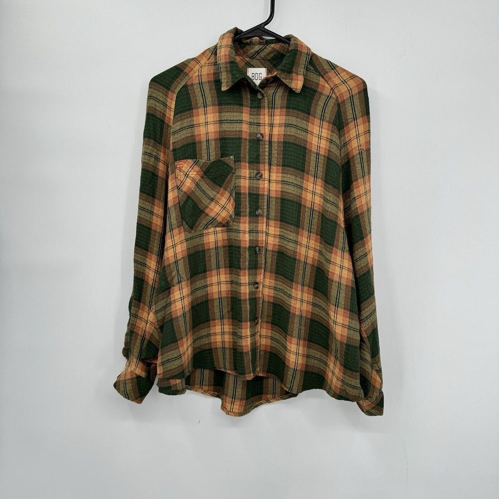 BDG XS Plaid Button Down Shirt Mens Green‎ Yellow Oversized Long Sleeve Pocket